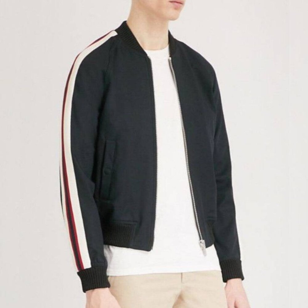Sandro Navy Blue Striped Sleeve Bomber Jacket